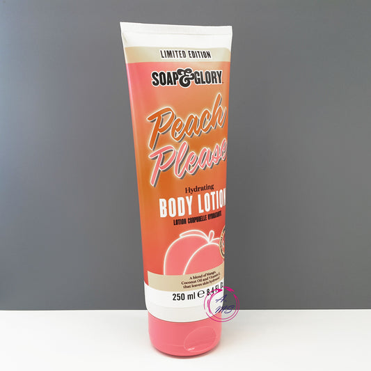 Tube of Soap & Glory Peach Please hydrating body lotion 250 ml on a gray background